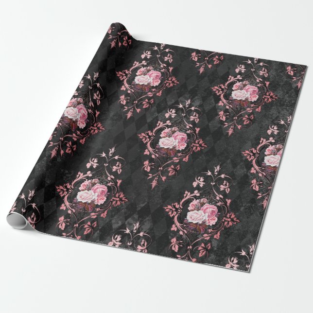 Ornate Vintage Rose Harlequin Pattern Wrapping Paper (Unrolled)