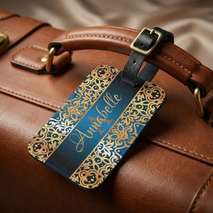 Ornate Vintage Shiny Gold And Blue Jewelled Custom Luggage Tag