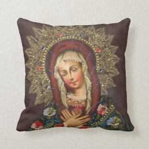 Ornate Virgin Mary Madonna Flowers Cushion