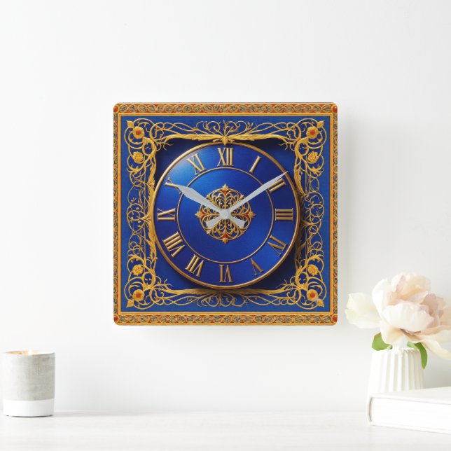 Ornate Wall Clock Golden Cobalt Blue (Home)