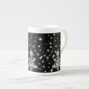 Ornate White Christmas Tree & Snowflakes Bone China Mug