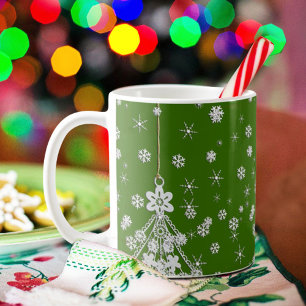 Ornate White Christmas Tree & Snowflakes Coffee Mug