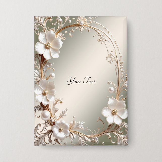 Ornate White Floral Frame Button (Front)