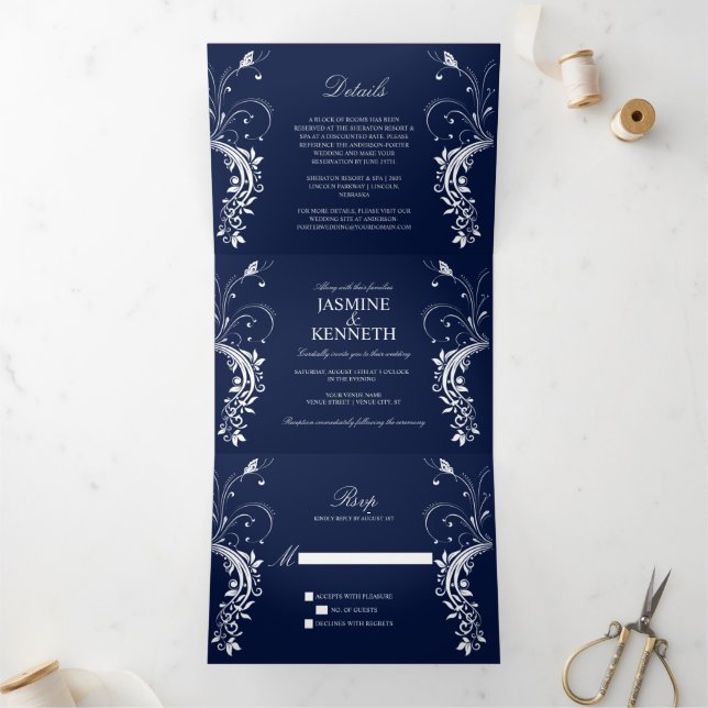 Ornate White Floral Swirls on Navy Blue Wedding Tri-Fold Invitation (Inside)