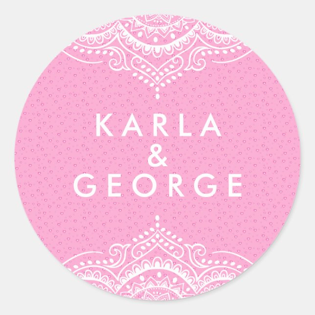 Ornate White Lace & Pink Hearts Pattern Classic Round Sticker (Front)