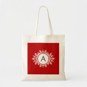 Ornate White Snowflake Monogram on Festive Red Tote Bag