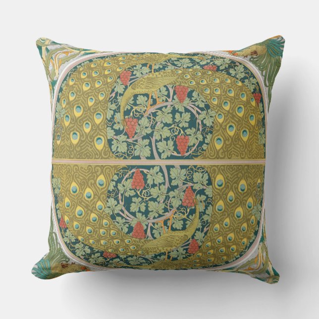 Ornate William Morris Style Peacock Grapevine Art Cushion (Front)