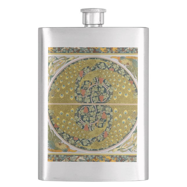 Ornate William Morris Style Peacock Grapevine Art Hip Flask (Front)