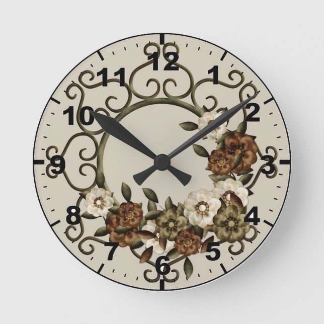 Ornate Wrought Iron Floral Design Round Clock (Front)