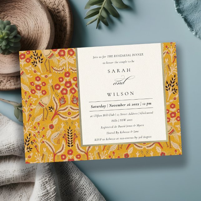 Ornate Yellow Floral Bird Rehearsal Dinner Invite (Creator Uploaded)