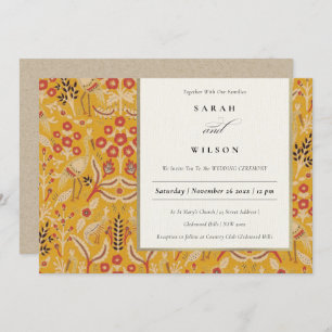 Ornate Yellow Gold Classy Floral Peacock Wedding Invitation