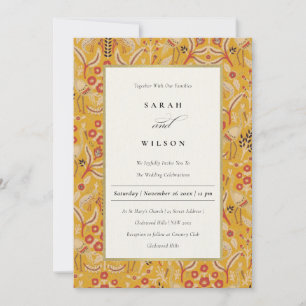 Ornate Yellow Gold Classy Floral Peacock Wedding Invitation