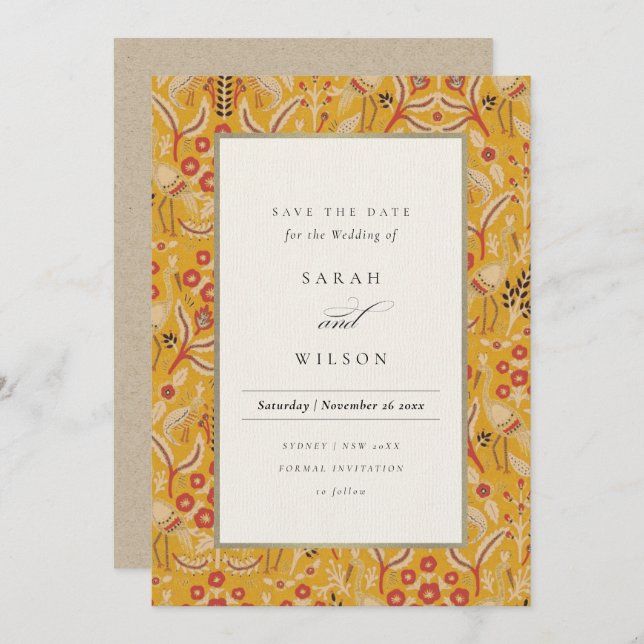 Ornate Yellow Gold Floral Peacock Save The Date Invitation (Front/Back)