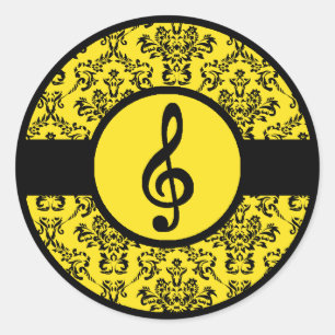 Ornate Yellow Treble Clef Classic Round Sticker