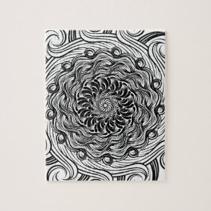 Ornate Zen Doodle Optical Illusion Black and White Jigsaw Puzzle