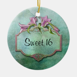 Ornment Pink Lilies Sweet 16 Ceramic Ornament