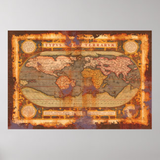 Ortelius' Old World Map in Rusty Grunge Style Poster