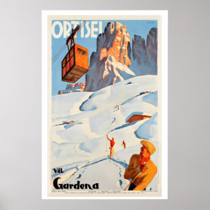Ortesei Val Gardena Dolomites Italy Vintage Ski Poster