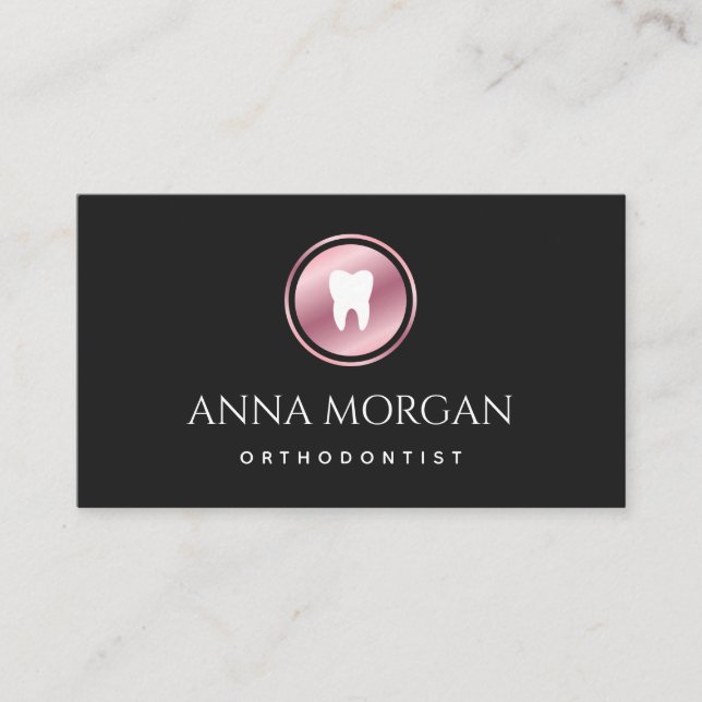 Orthodontist Dentist Dental Clinic Rose Gold Black Business Card (Front)