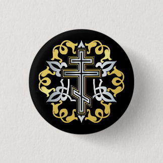 Orthodox Cross Gold With Ornaments 3 Cm Round Badge