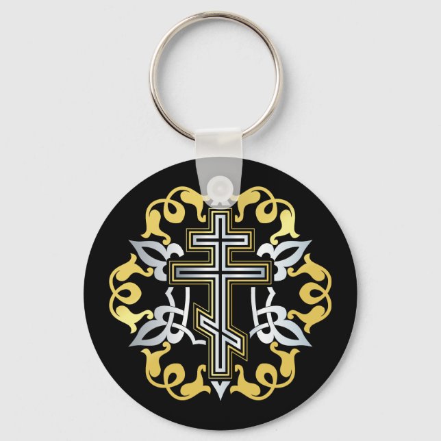 Orthodox Cross Gold With Ornaments Key Ring (Front)