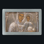 Orthodox icon belt buckle<br><div class="desc">Jesus Christ and his mother Mary on old Russian icon. Silver look. Photography.</div>