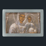 Orthodox icon belt buckle<br><div class="desc">Jesus Christ and his mother Mary on old Russian icon. Silver look. Photography.</div>