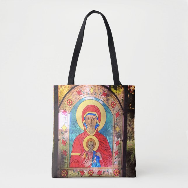 Orthodox Stained Glass Mother Mary, Jesus  Tote (Front)
