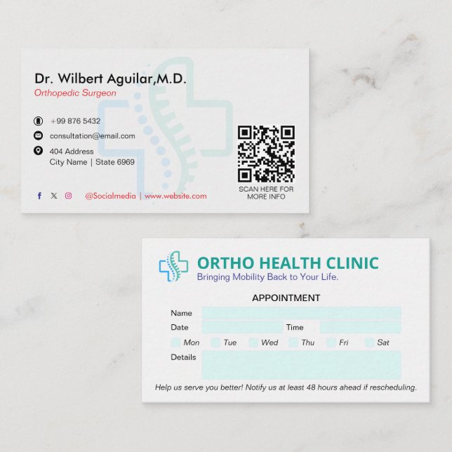 Orthopaedic Clinic Business | Clean Appointment Business Card (Front/Back)