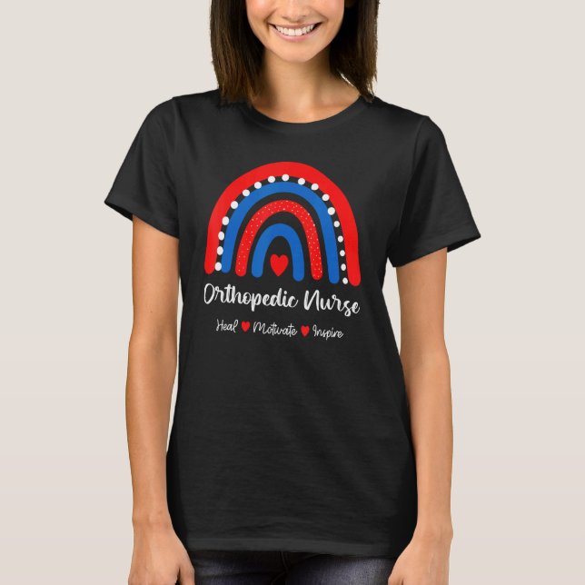 Orthopaedic Nurse Heal Motivate Inspire Boho Rainb T-Shirt (Front)