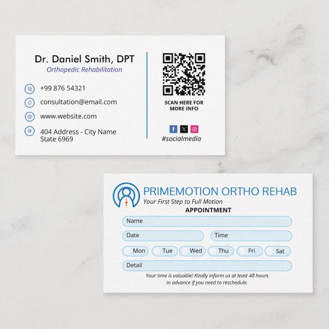 Orthopaedic Rehabilitation Business | Appointment  Business Card (Front/Back)