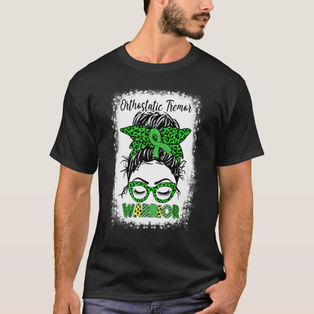 Orthostatic Tremor Warrior Messy Bun Green Ribbon  T-Shirt (Front)