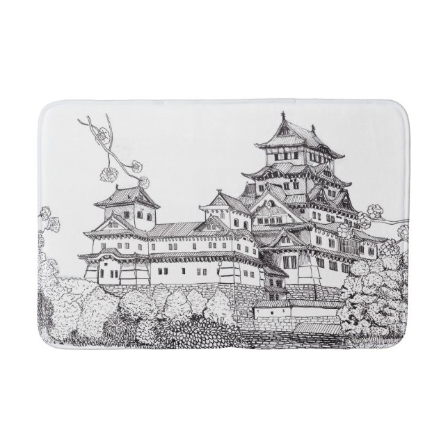 Osaka Castle Japan Black White Illustration Bath Mat (Front)