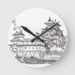 Osaka Castle Japan Black White Illustration Round Clock