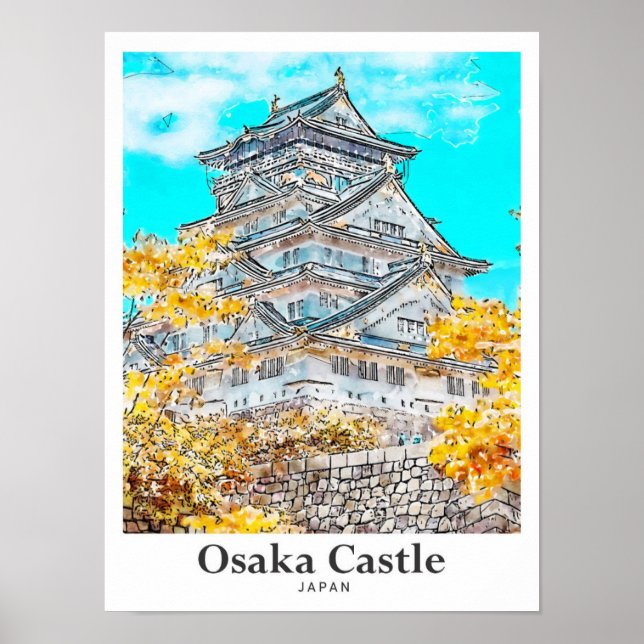 Osaka Castle Japan Travel Watercolor Hand Drawn Poster (Front)