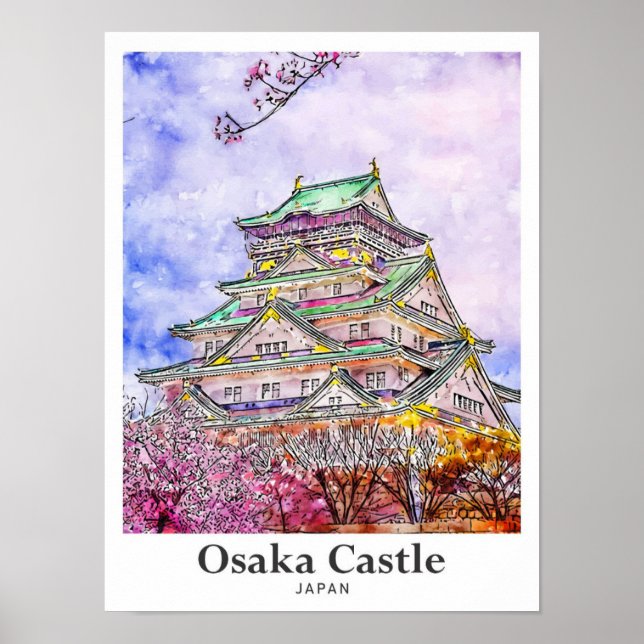 Osaka Castle Japan Travel Watercolor Hand Drawn Poster (Front)