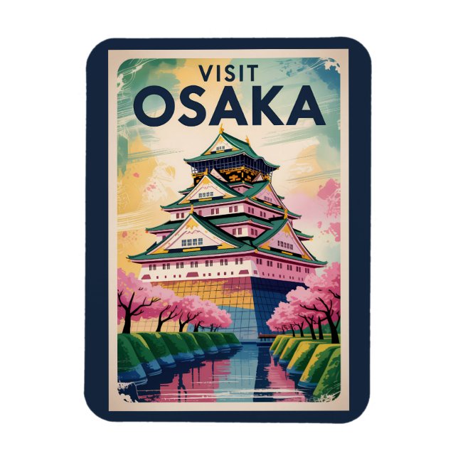 Osaka Japan Castle Illustration Travel Art Vintage Magnet (Vertical)
