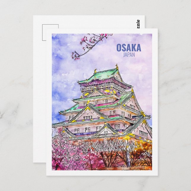 Osaka Japan Famous Travel Watercolor Sketch Postcard (Front/Back)