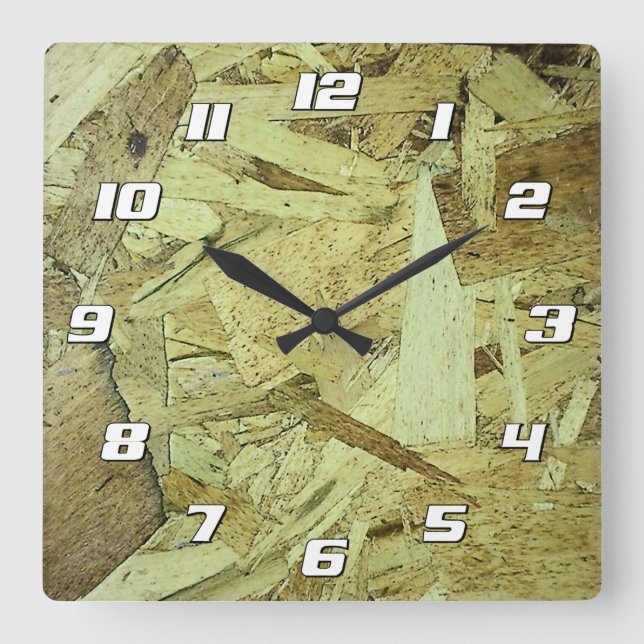 OSB Chip Board Plywood with Numbers Square Wall Clock (Front)