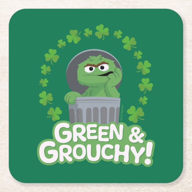 Oscar | Green & Grouchy! Square Paper Coaster (Front)