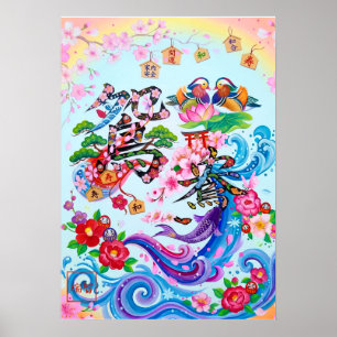 Oshidori: Elegant Calligraphy "Mandarin Ducks" Art Poster