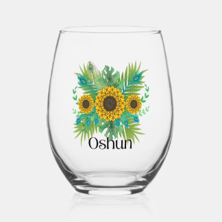 Oshun Goddess Sunflowers Stemless Wine Glass