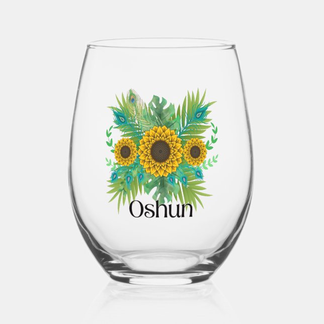 Oshun Goddess Sunflowers Stemless Wine Glass (Front)