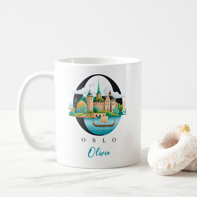 Oslo Norway Monogram Letter O Personalised Gift Coffee Mug (With Donut)