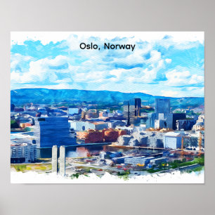 Oslo Norway Watercolor Painting Panorama View Poster