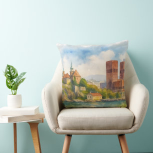 Oslo Norway Watercolor, Scandinavian Cityscape Art Cushion