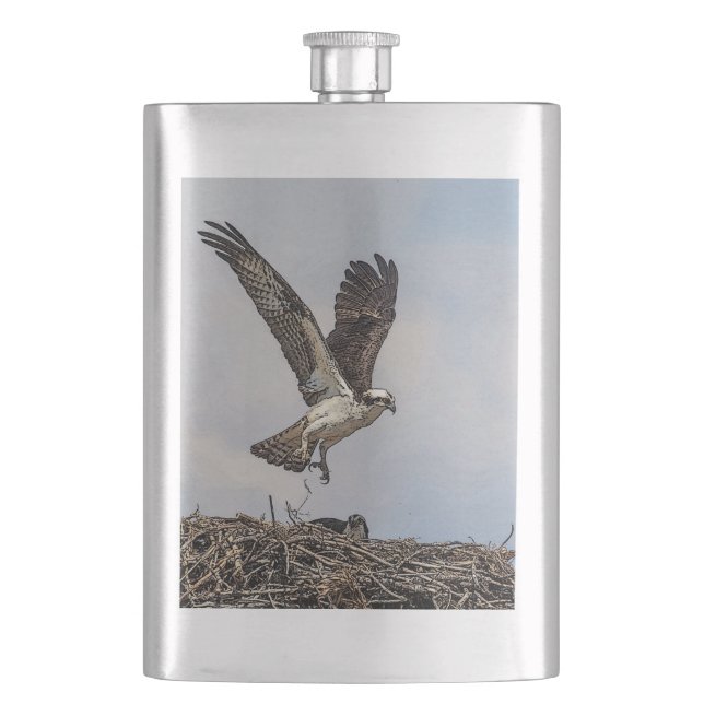 Osprey in a nest hip flask (Front)