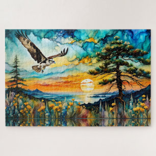 Osprey in flight over wildflowers at Sunset Jigsaw Puzzle