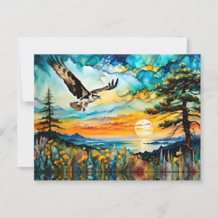 Osprey in flight over wildflowers at Sunset Postcard