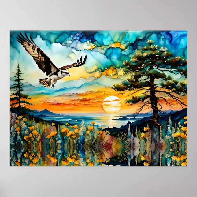 Osprey in flight over wildflowers at Sunset Poster (Front)